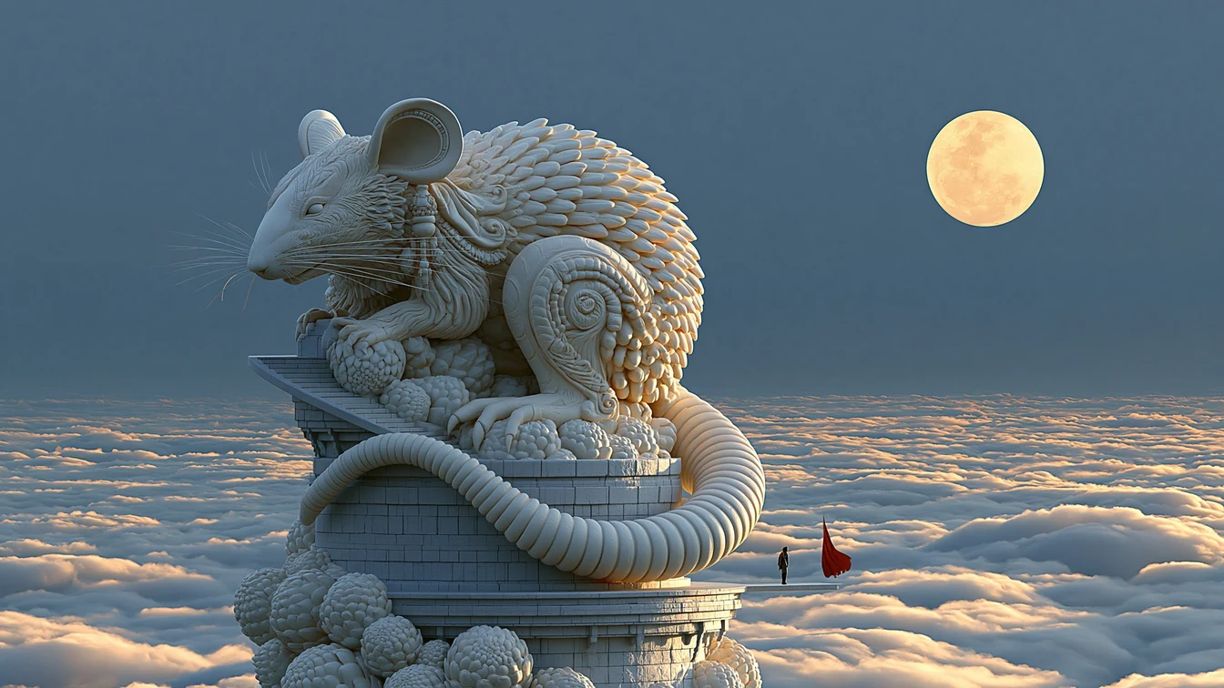 Colossal stone rat sculpture on a granite granary tower above a midnight sea of clouds