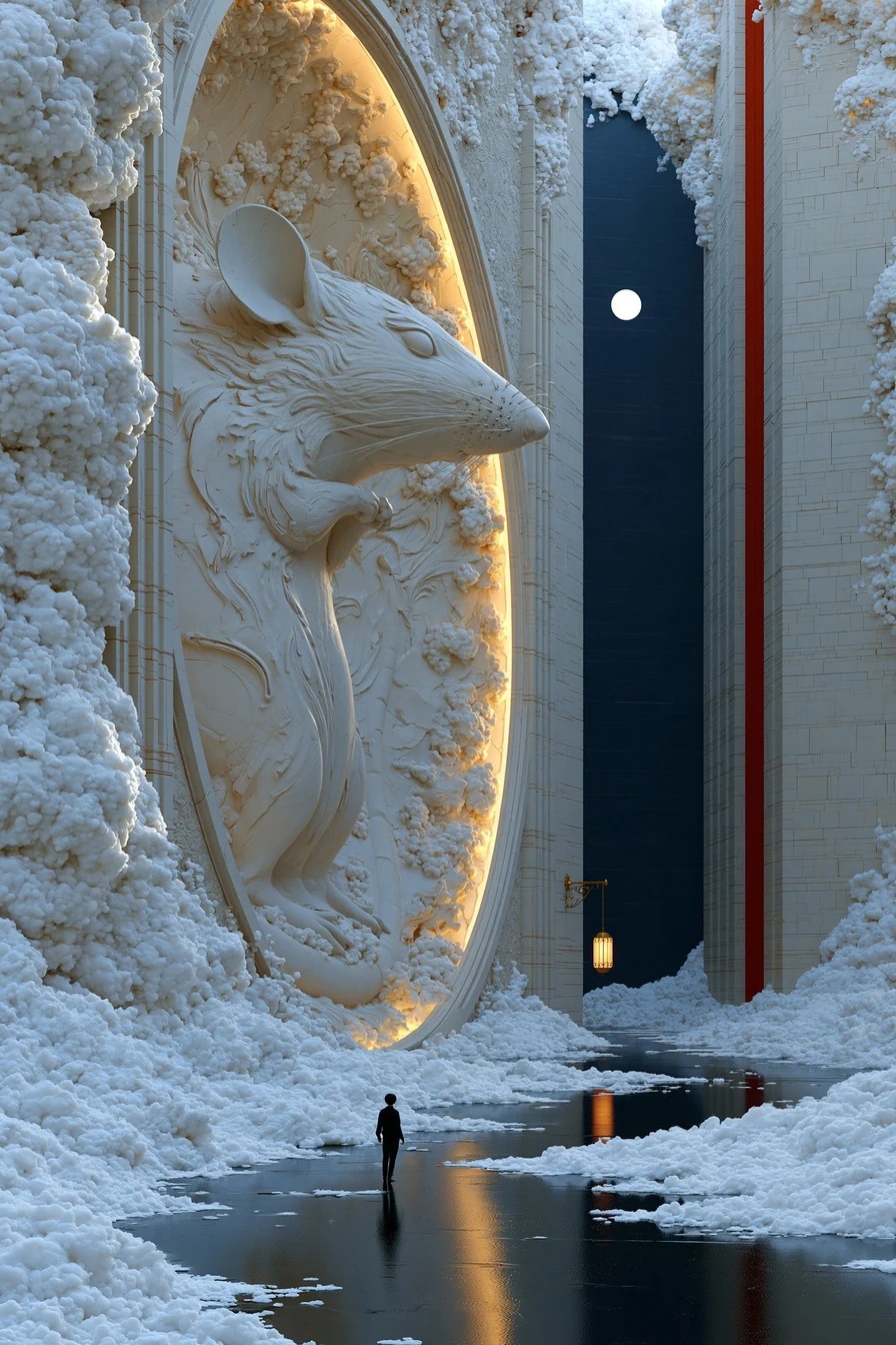 Carved stone rat relief on a flooded underground vault wall lit by a single lantern