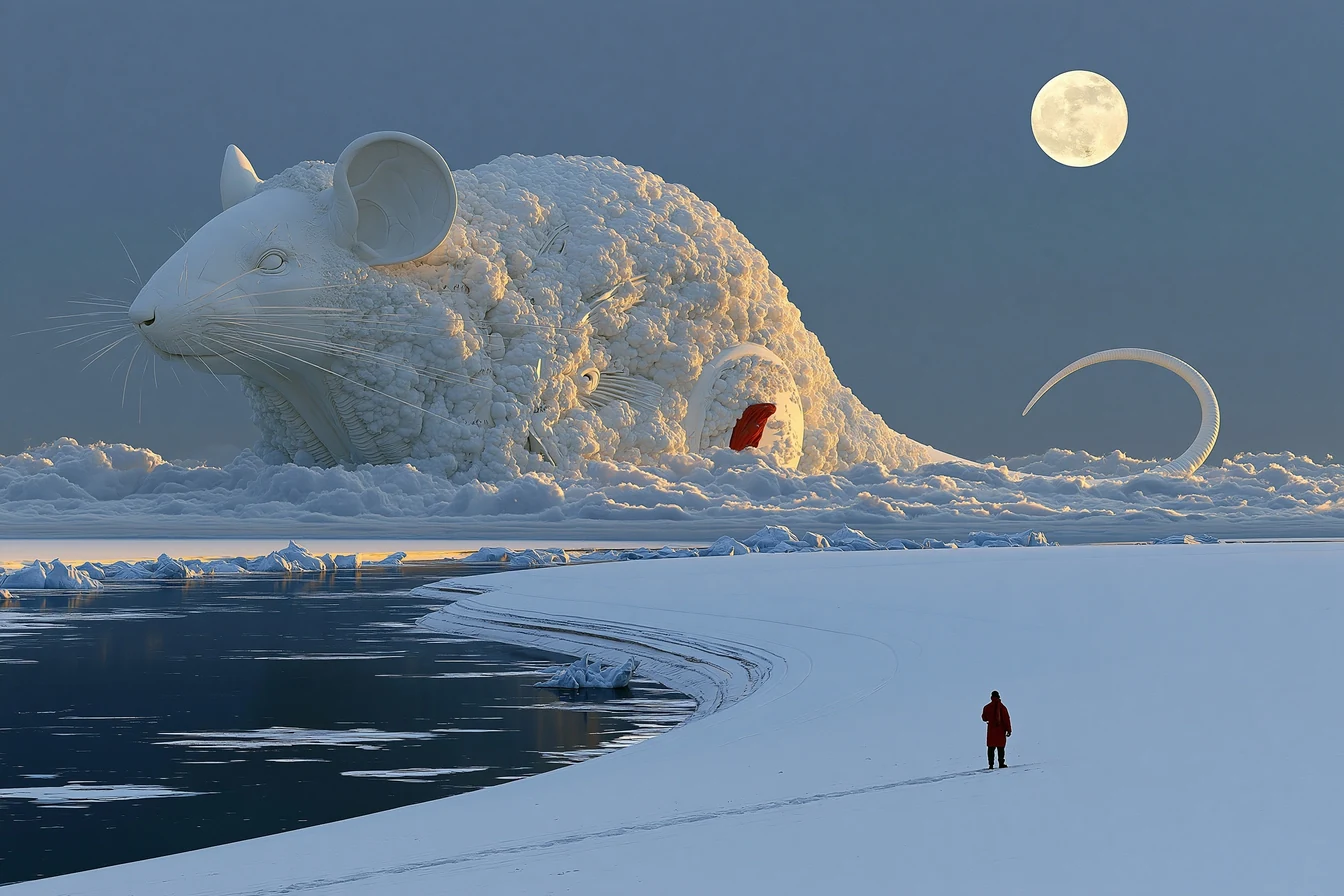 A monumental rat-shaped ice monolith on the bank of a vast frozen river at midnight