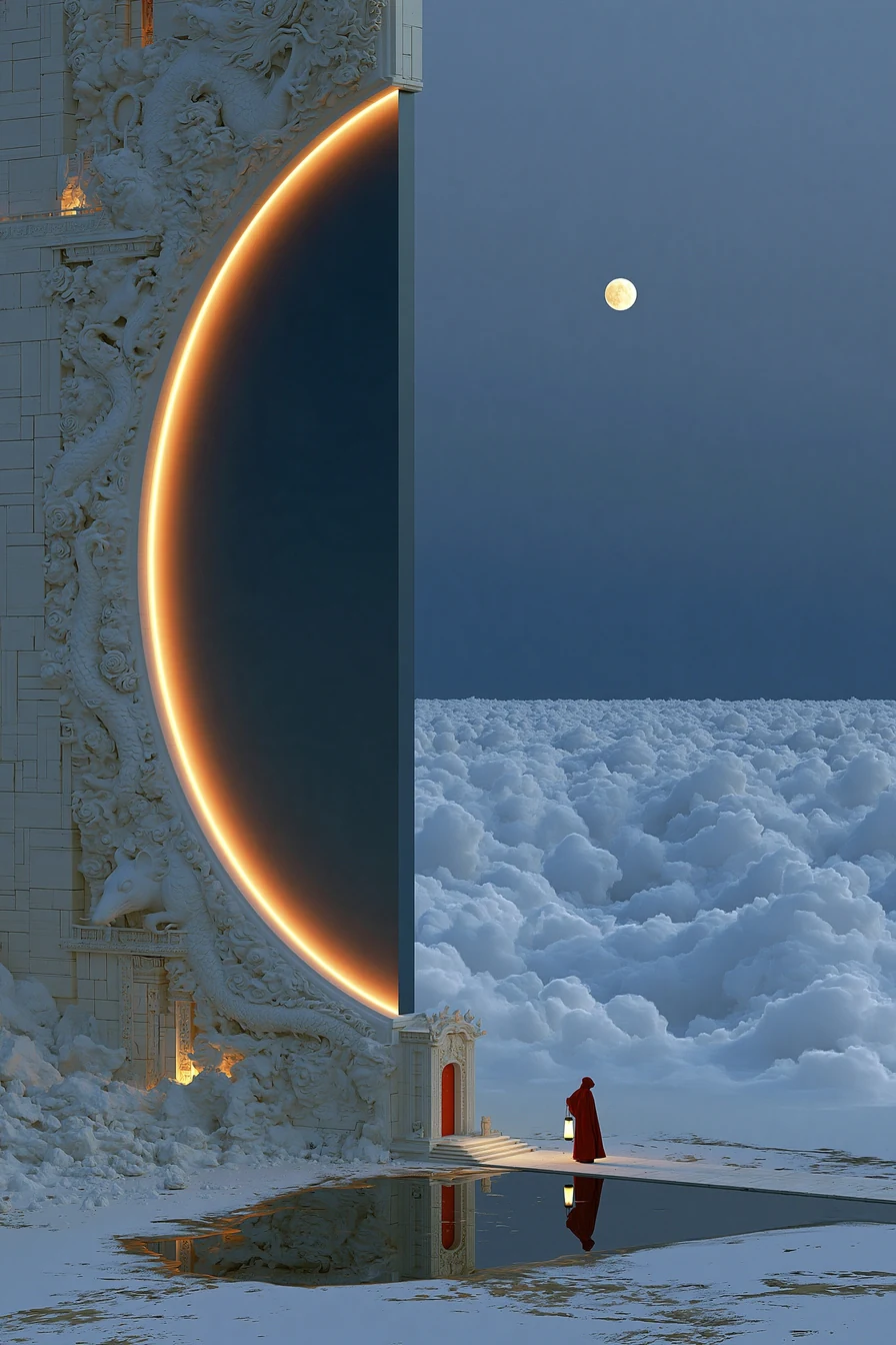 A lone hooded figure with a lantern before a small rat shrine in a snowy stone courtyard