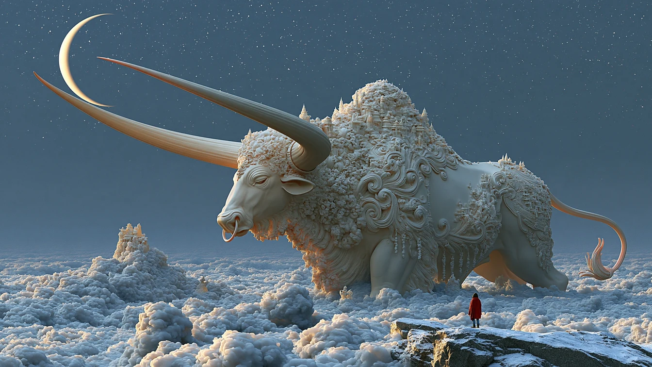 Titanic stone ox with sweeping horns standing in a sea of clouds beneath a full starfield