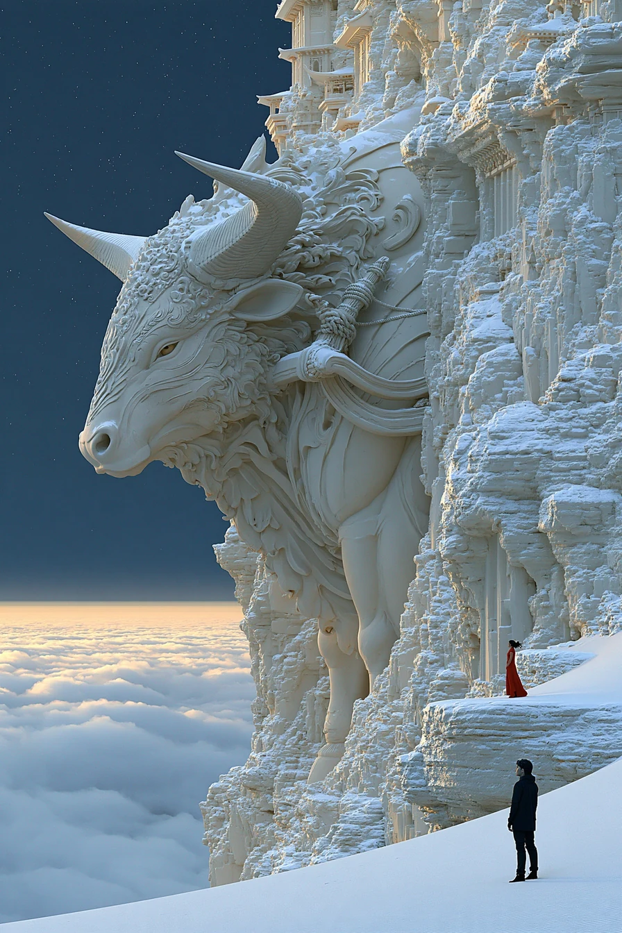 Weathered stone relief of an ox ploughing carved into a cliff wall, silver frost on the carving