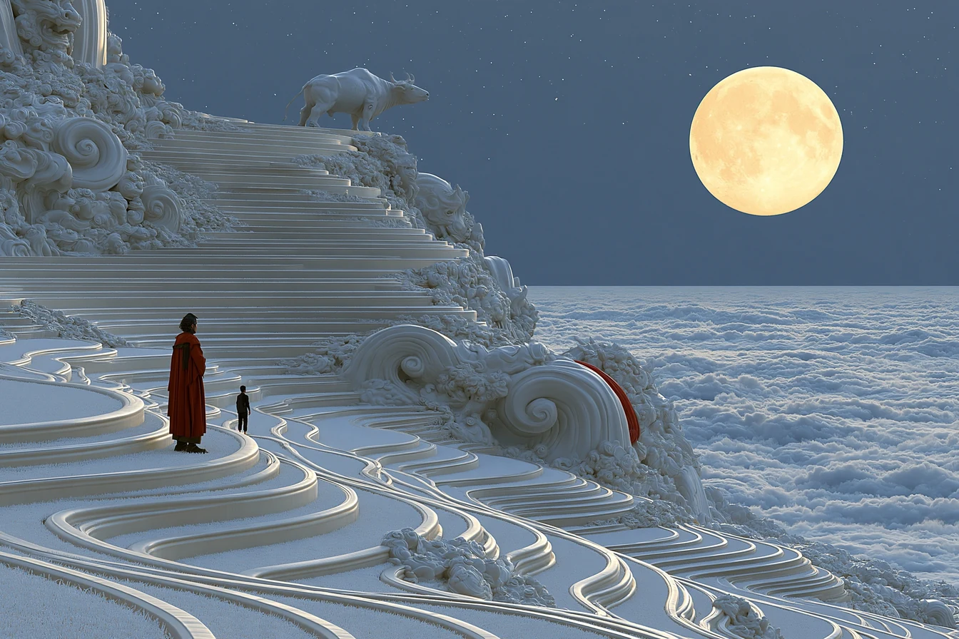 Endless terraced rice fields under starlight with a giant ox silhouette on the ridge