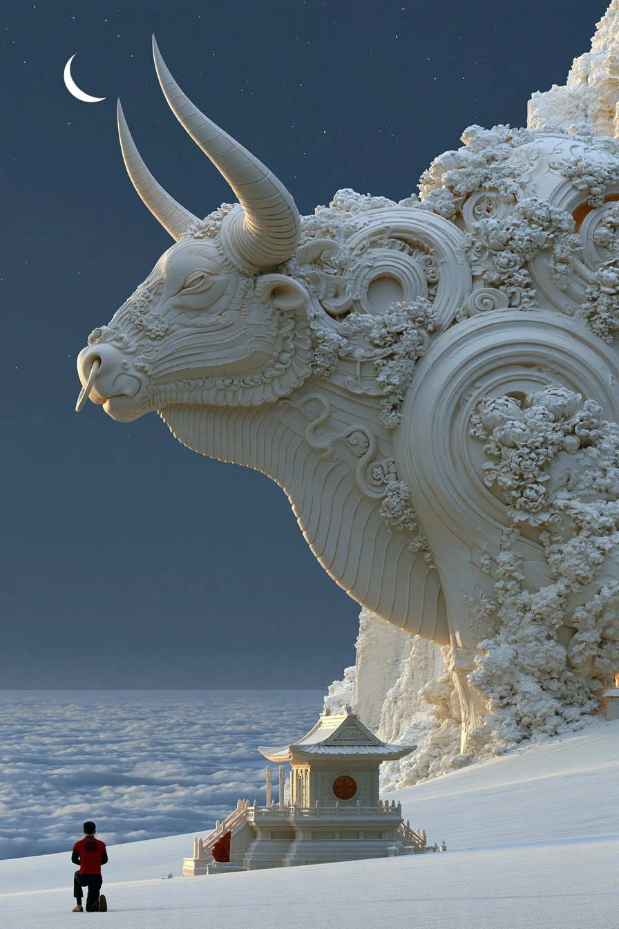 A small stone ox shrine at a mountain pass with a single figure kneeling in the frost