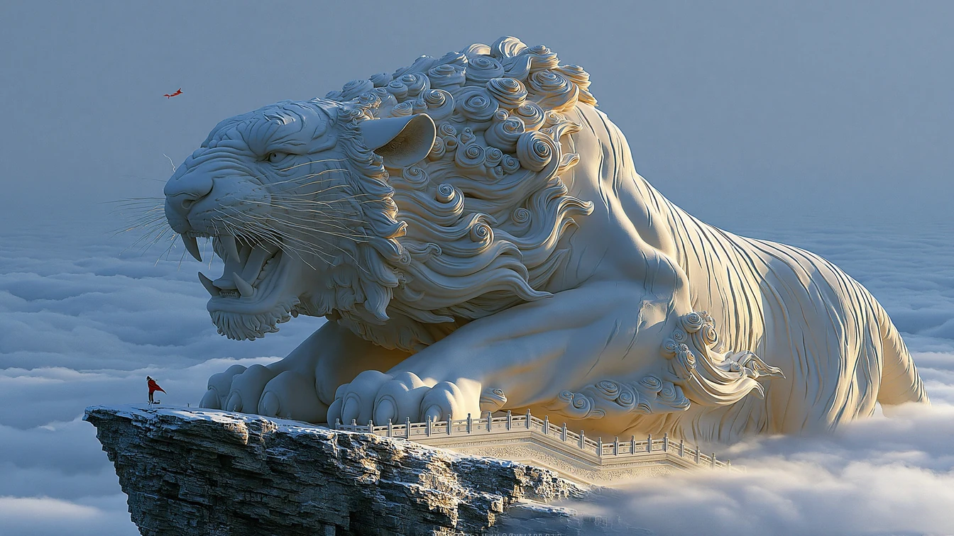 Monumental carved tiger statue mid-roar on a cliff edge above a churning sea of mist