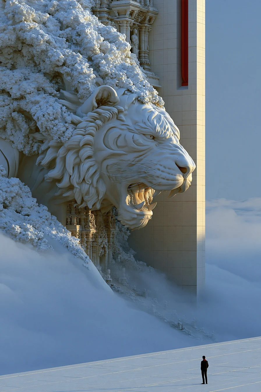 Stone relief of a tiger descending a temple wall with dawn mist curling around it