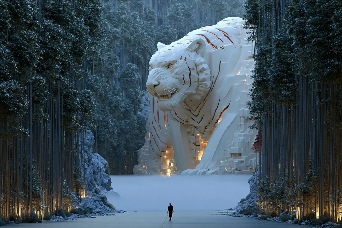 Deep bamboo gorge in blue hour with a colossal tiger walking through the mist