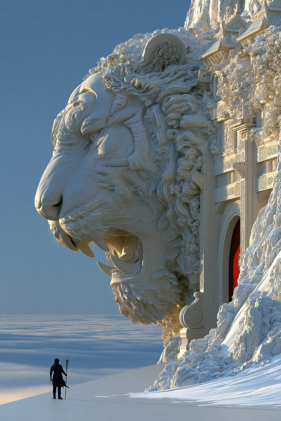 A lone figure with a staff before a tiger gate carved into a rock face above mist
