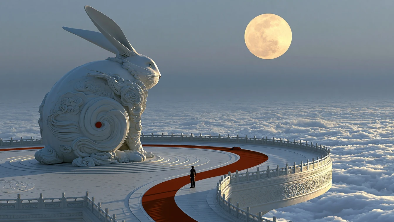 Giant white stone rabbit seated on a moon-viewing terrace above a sunrise sea of clouds