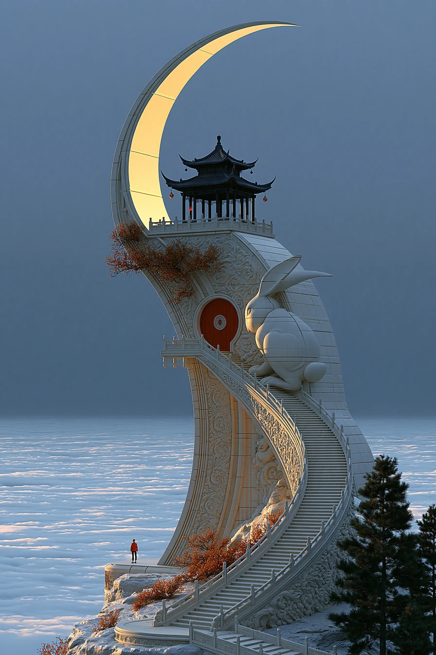 Carved stone rabbit on the wall of a moon pavilion with osmanthus branches in morning light