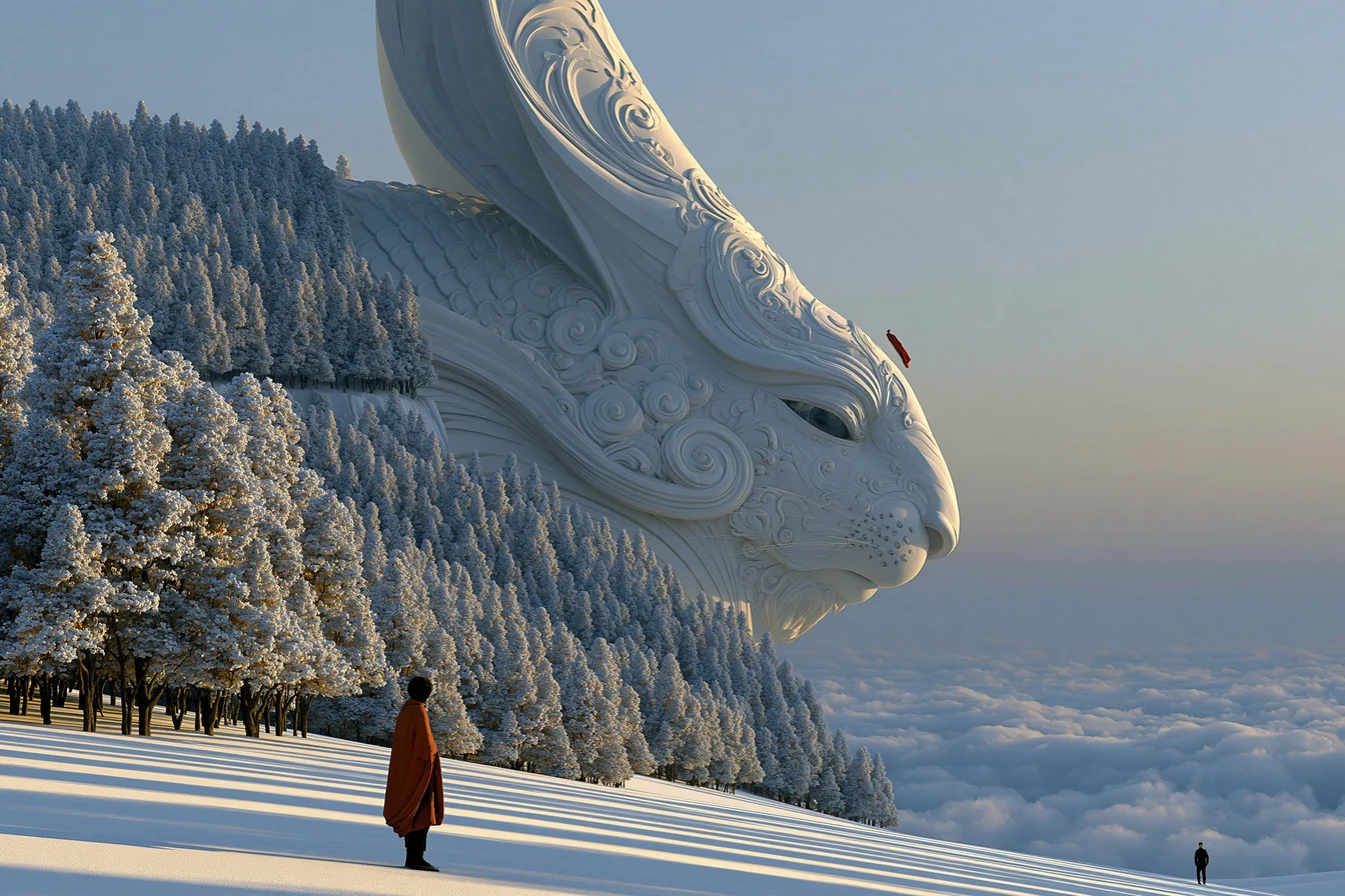 Wide osmanthus grove at sunrise with a colossal white rabbit among the trees