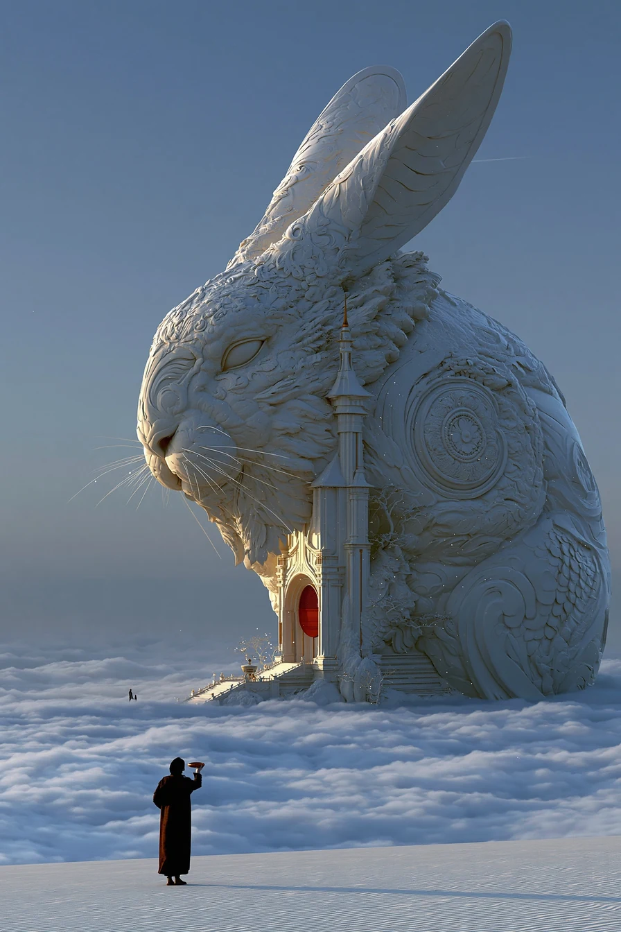 A small figure placing an offering at a rabbit shrine as dawn breaks over the clouds
