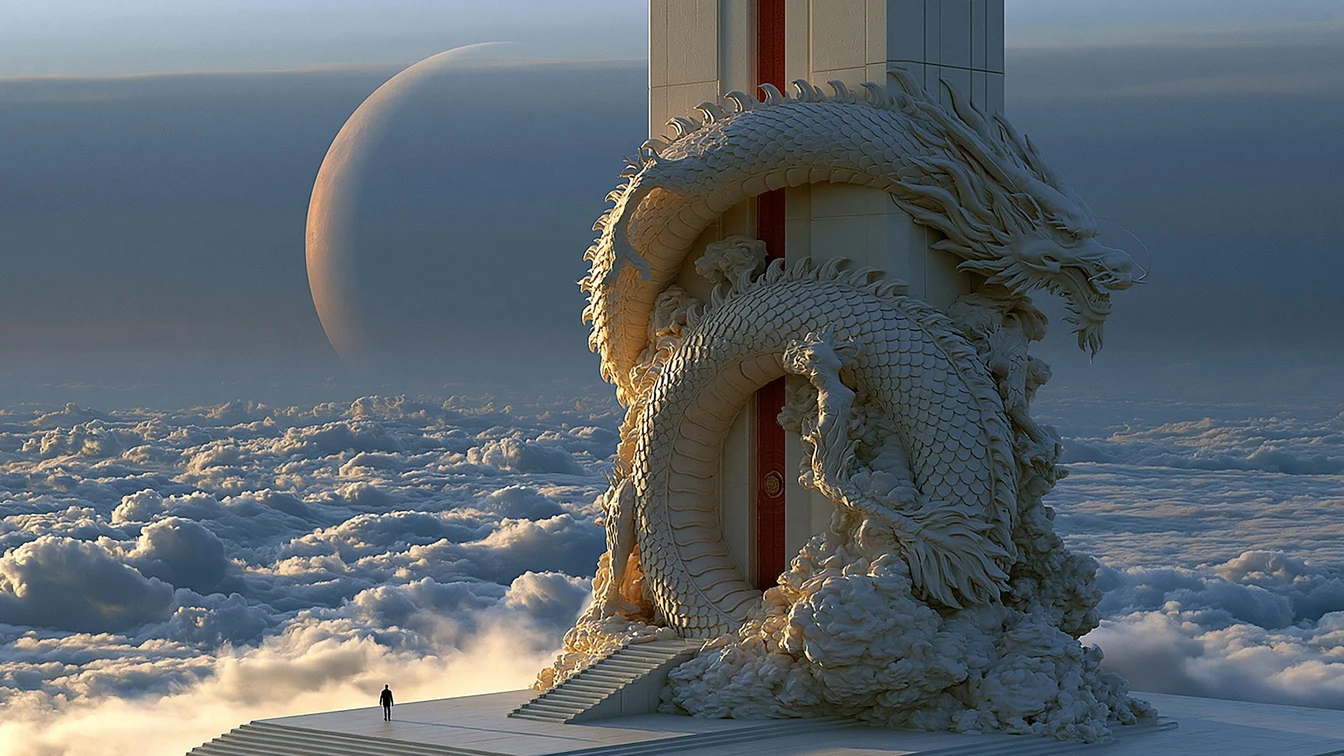 Immense coiled dragon carved in high relief around a towering white stone pillar above a sea of clouds