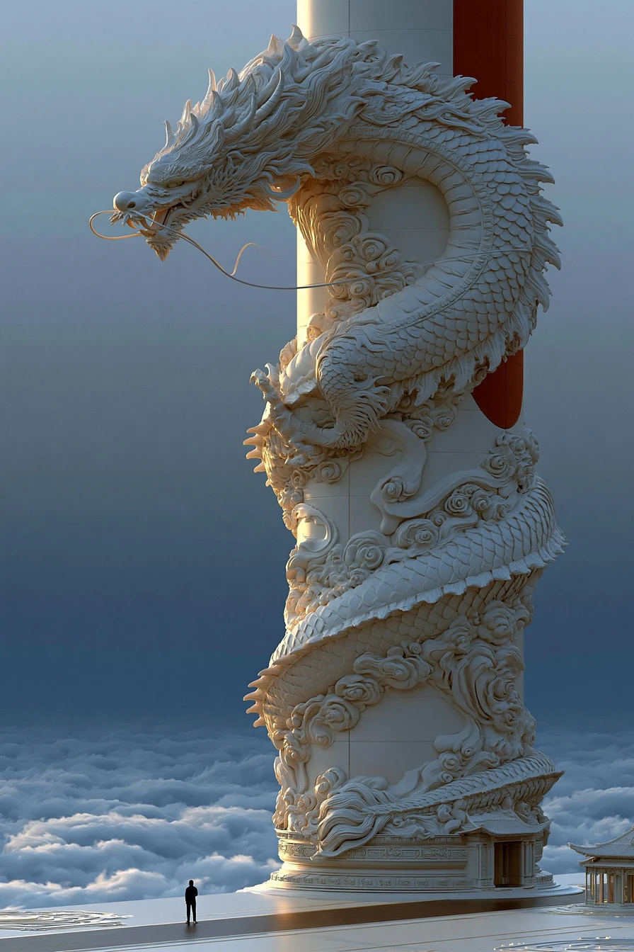 Dragon relief winding around a temple column in golden morning light