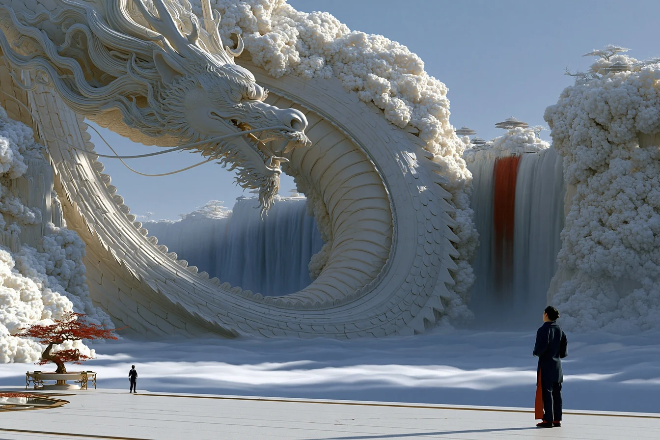 Vast waterfall gorge in morning mist with a colossal dragon coiling through the clouds
