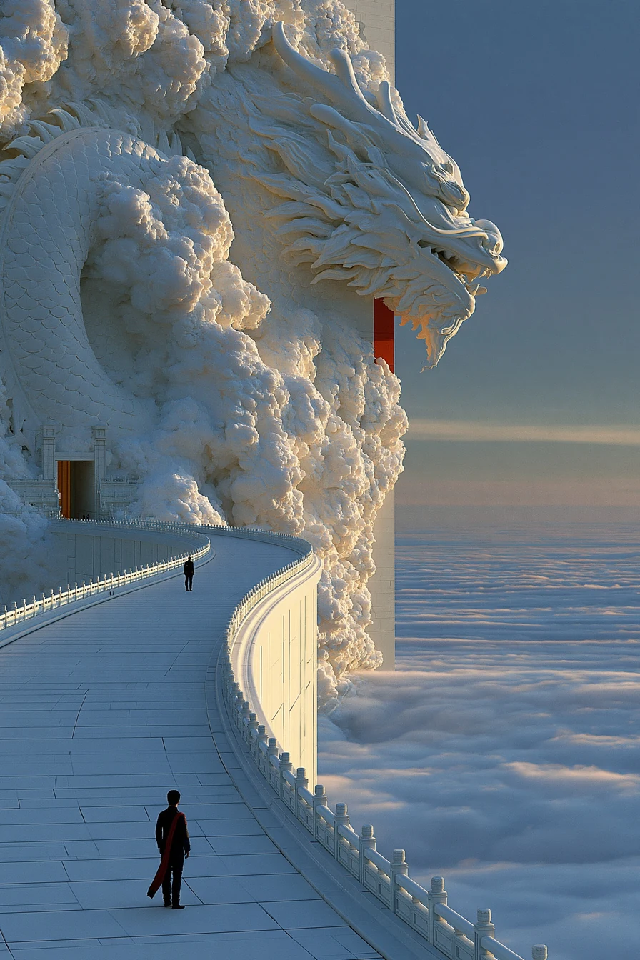 Tiny figure on a sweeping white stone causeway before a dragon-carved monolith at dawn