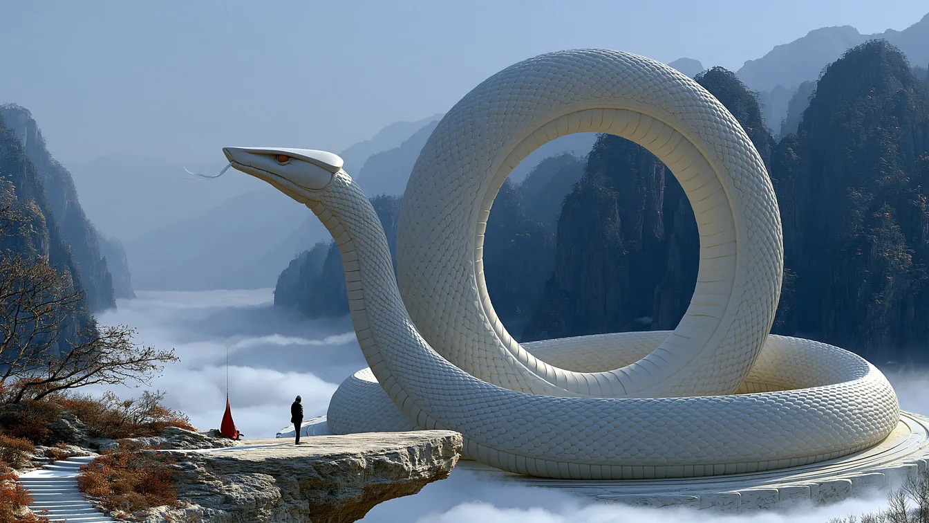Colossal ivory-white stone serpent coiled on a cliff ledge above a misty river gorge under warm morning light