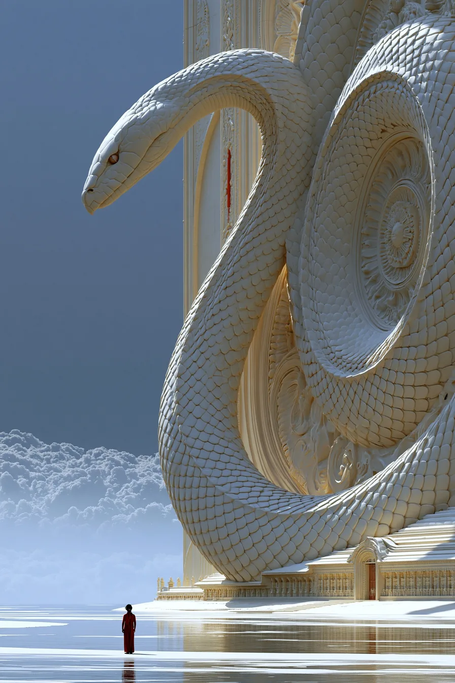 Colossal carved ivory-white serpent coiled against a riverside shrine wall in warm sunlight