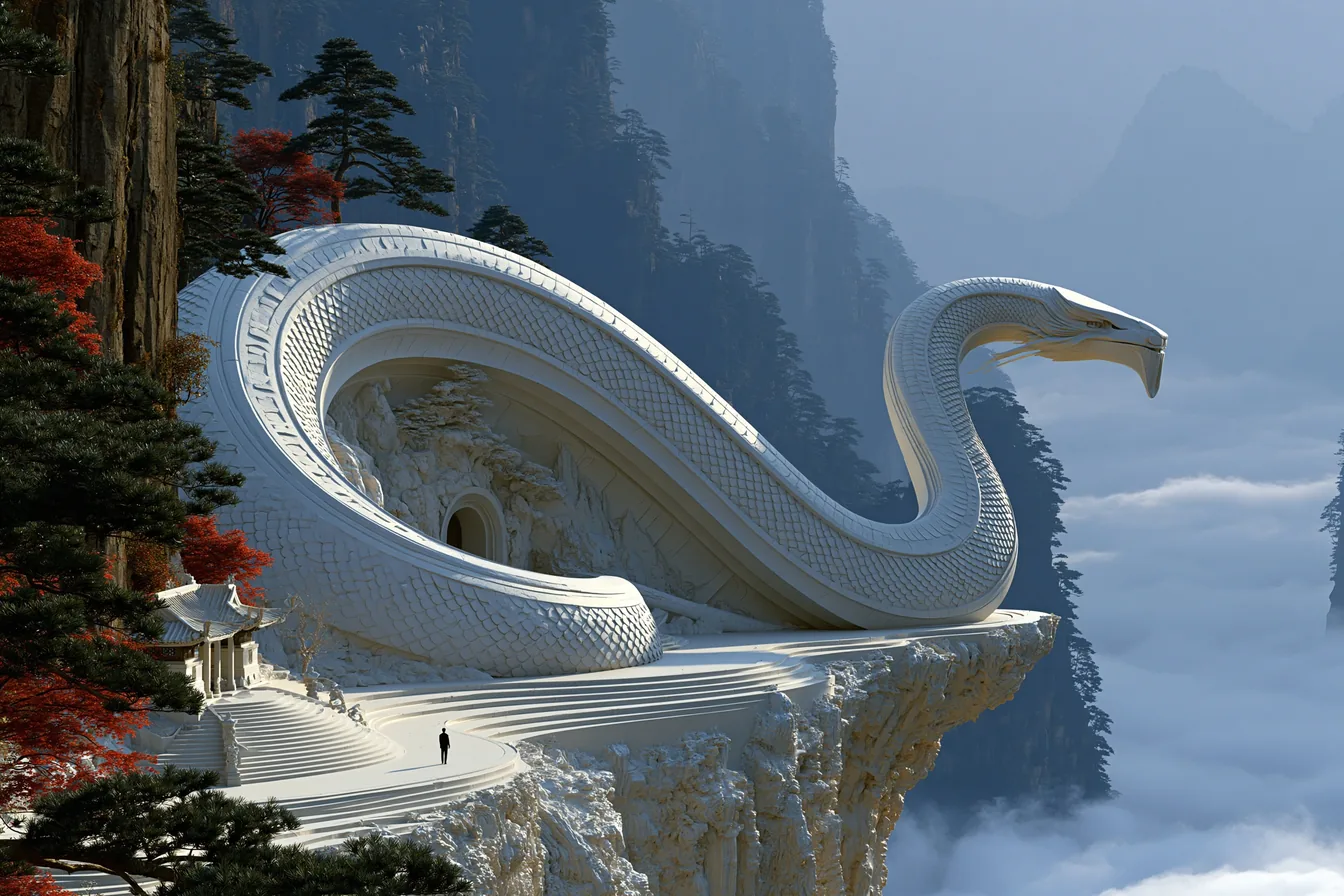 Wide misty river gorge at late morning with a giant serpent coiled on a cliff ledge