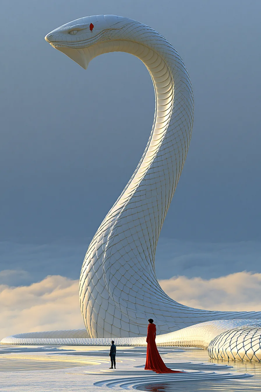 A solitary figure before a colossal ivory-white serpent rearing above a stone shrine in warm haze