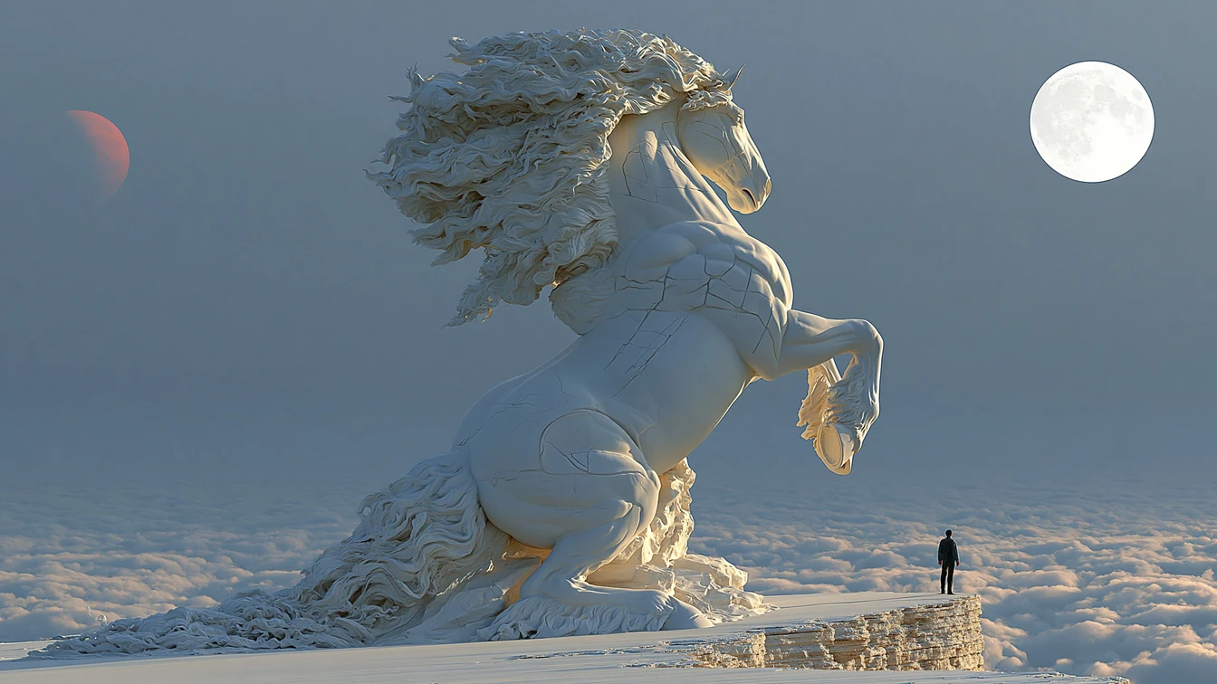 Colossal stone horse rearing at the edge of a high plateau under a blazing noon sun