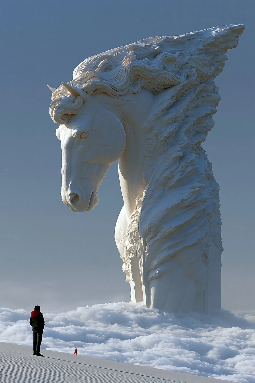 Stone horse relief on a wind-blasted monument in harsh noon light with deep shadow