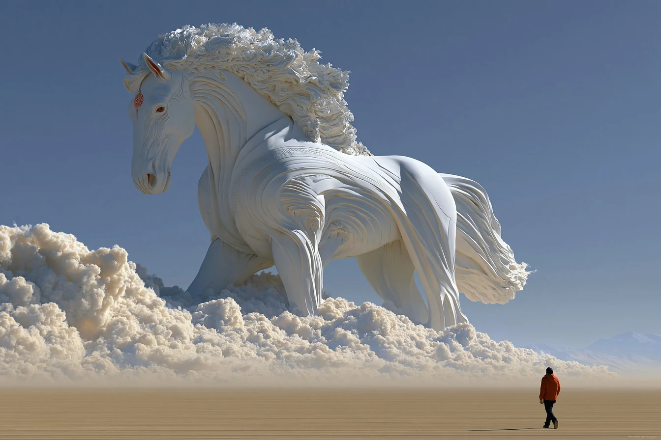 Vast open steppe at noon with a monumental horse statue on the horizon