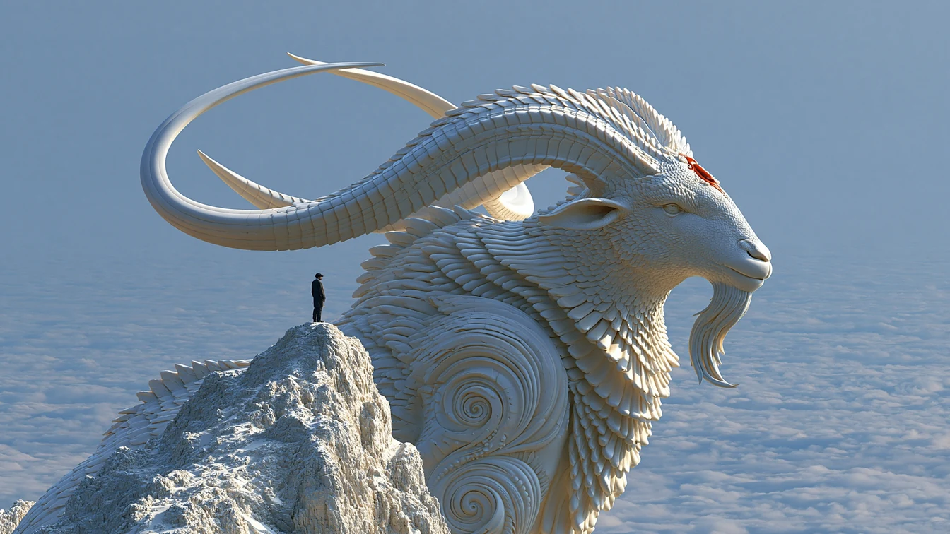 Colossal stone goat with great curved horns standing on a jagged peak above the clouds
