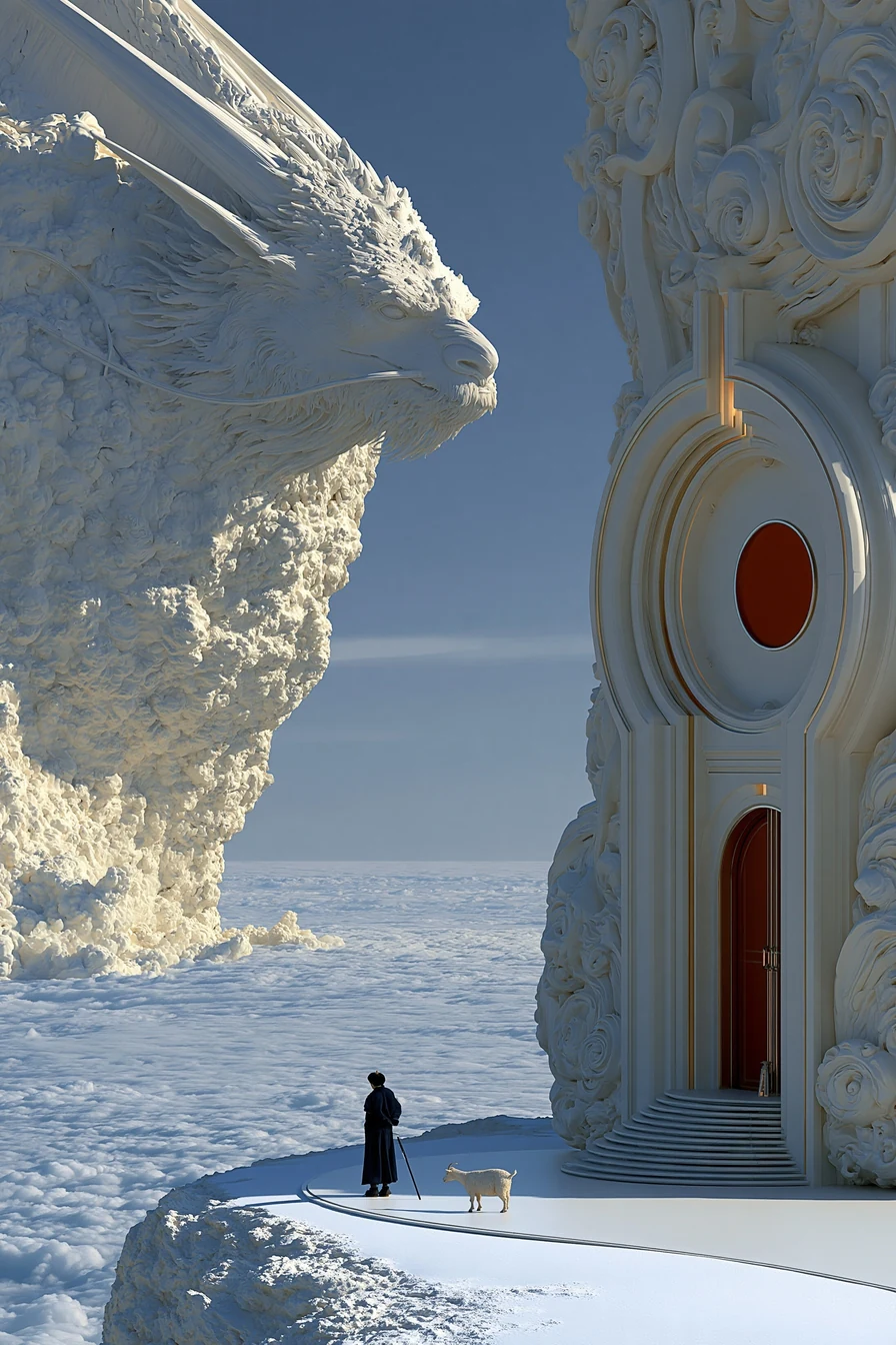 A small hermit figure with a goat before a rock shrine high above a sea of clouds