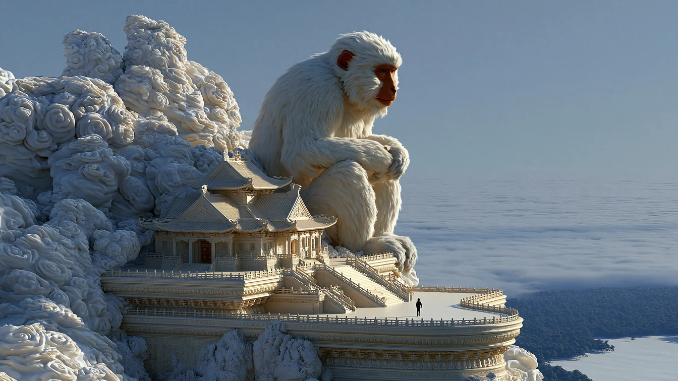 Colossal stone monkey perched on a cliff temple above a forested cloud sea in late sun