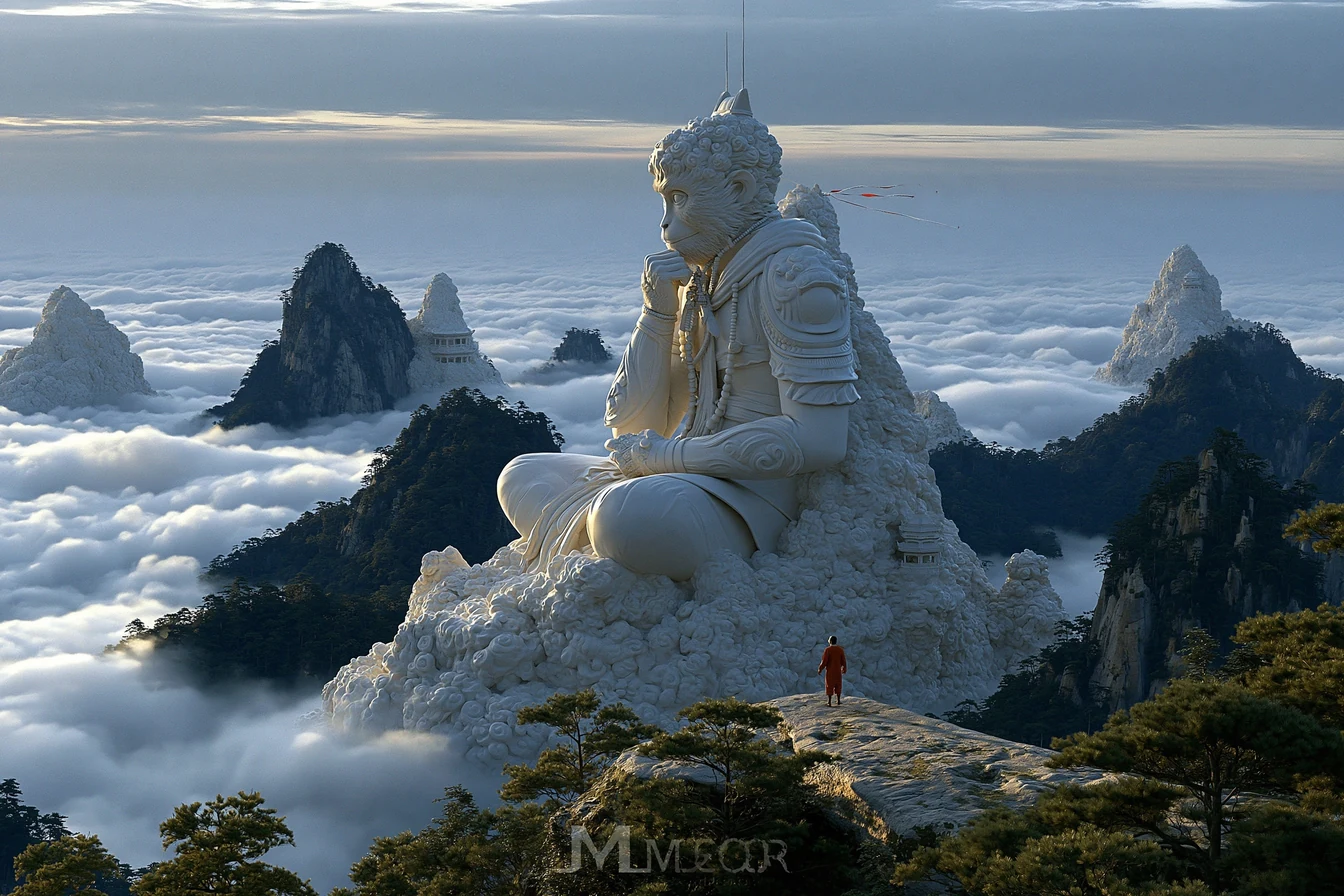 Wide mountain forest at late afternoon with a monumental monkey statue among the peaks