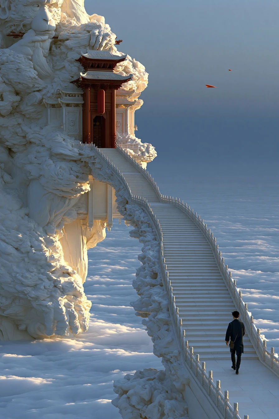 A lone figure climbing a stone stair toward a monkey shrine with long afternoon shadows