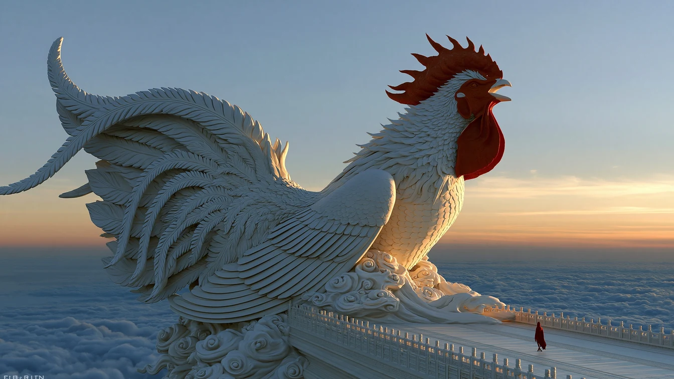 Colossal stone rooster crowing from the ridge of a mountain temple at sunset