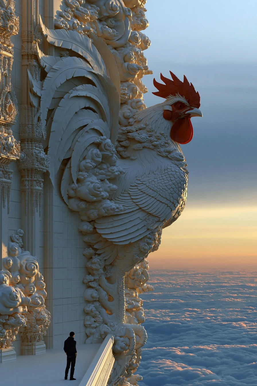 Carved stone rooster on a temple wall in deep golden sunset light