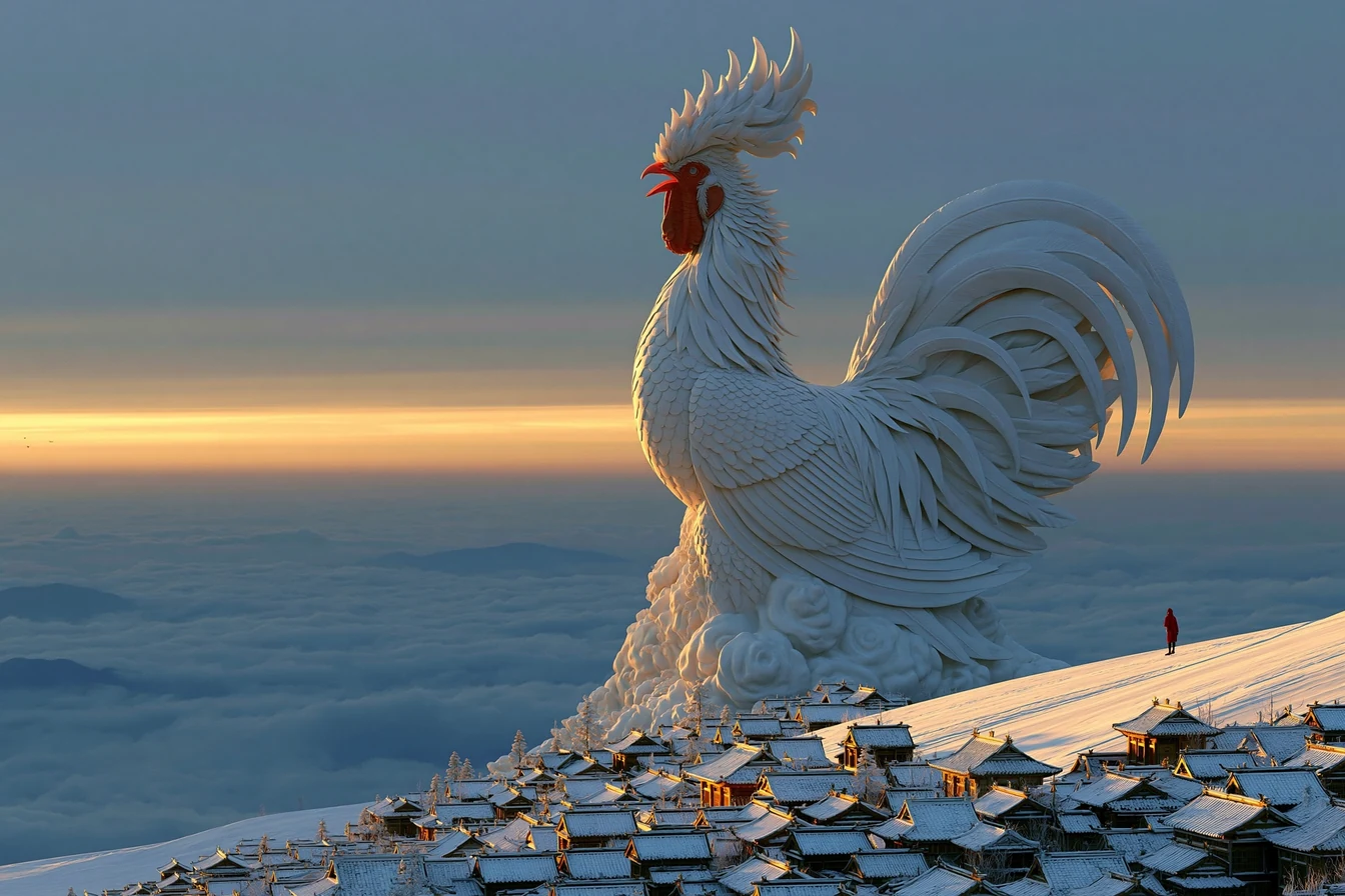 Wide village of tiled roofs in a valley at sunset with a giant rooster statue on the ridge