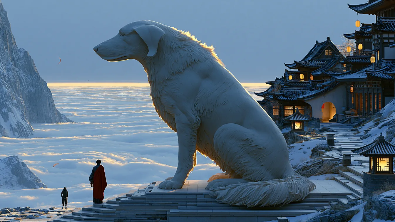 Colossal ivory-white stone dog seated above a sea of clouds, facing a lantern-lit mountain village gate under a deep twilight sky