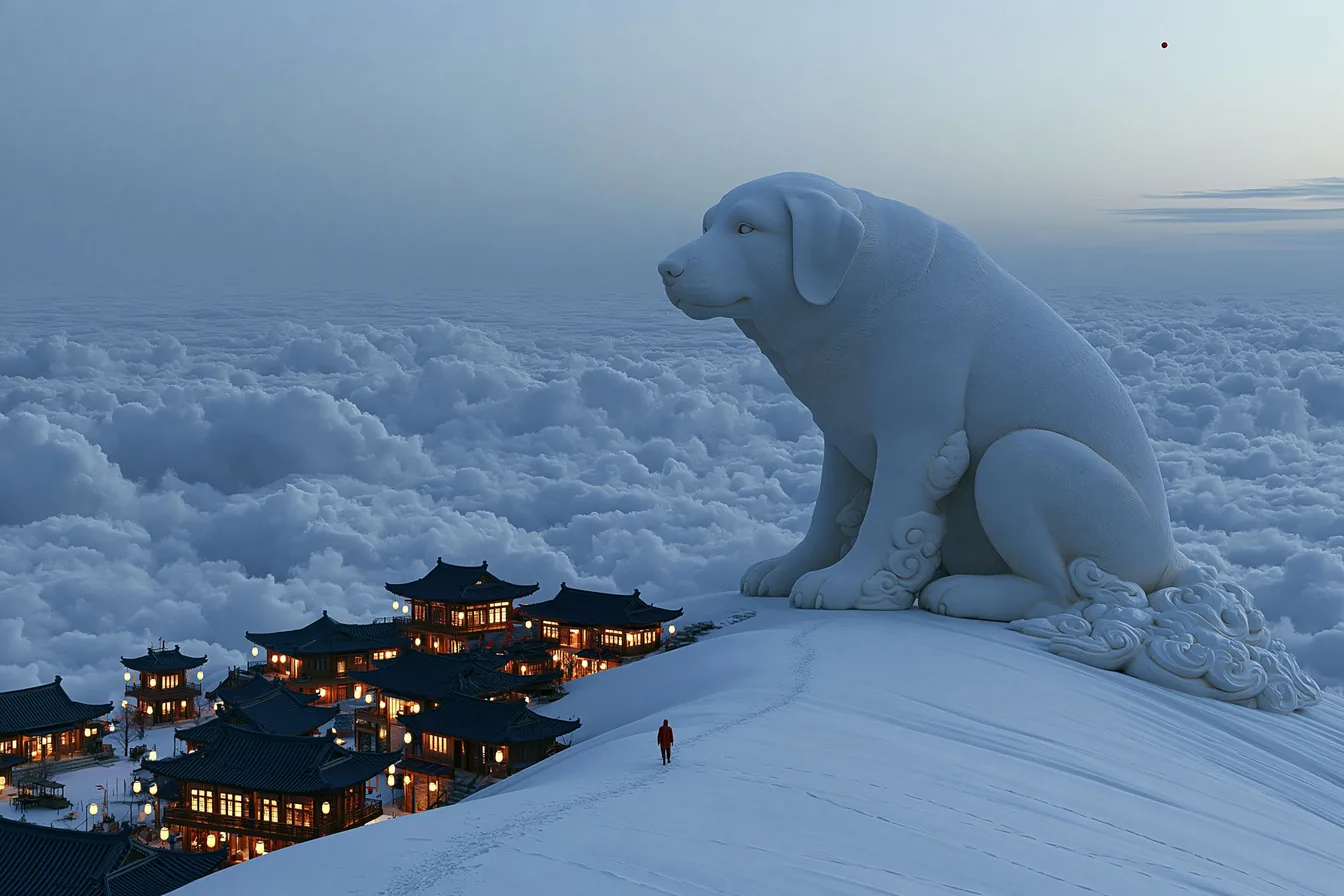 Wide dusk valley with a stone dog statue on the ridge and lit windows below