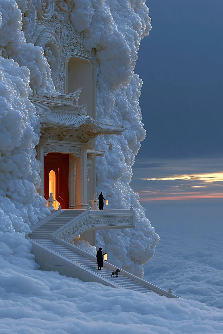 A lone figure with a lantern and a dog at a village shrine in the blue hour