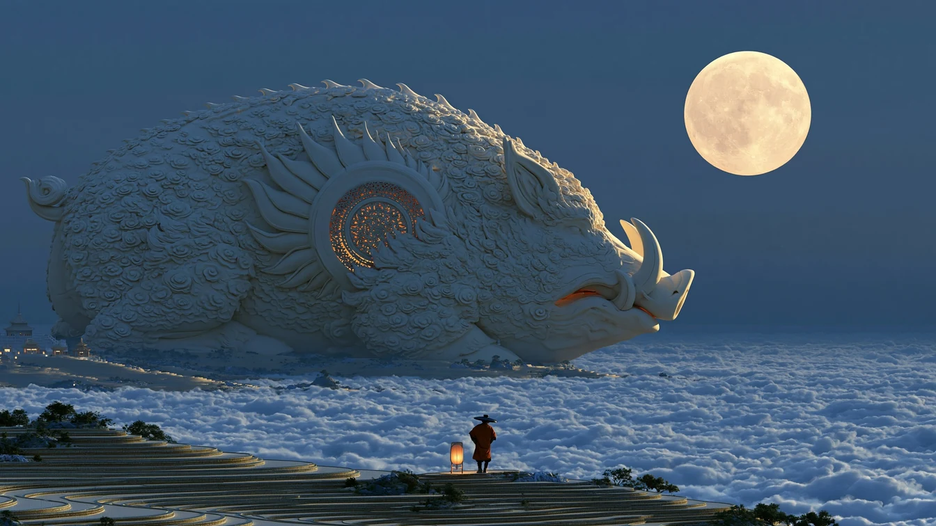 Colossal stone boar resting beneath a harvest moon above a terraced valley