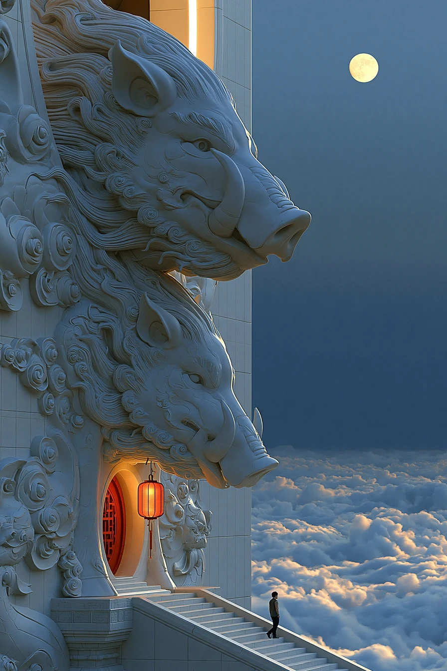 Carved stone boar on a farmstead shrine wall in warm lantern glow at night