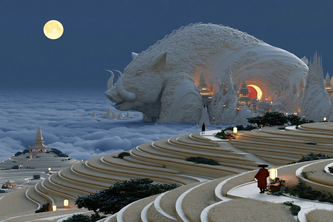 Wide moonlit terraced valley with a giant boar statue among the fields