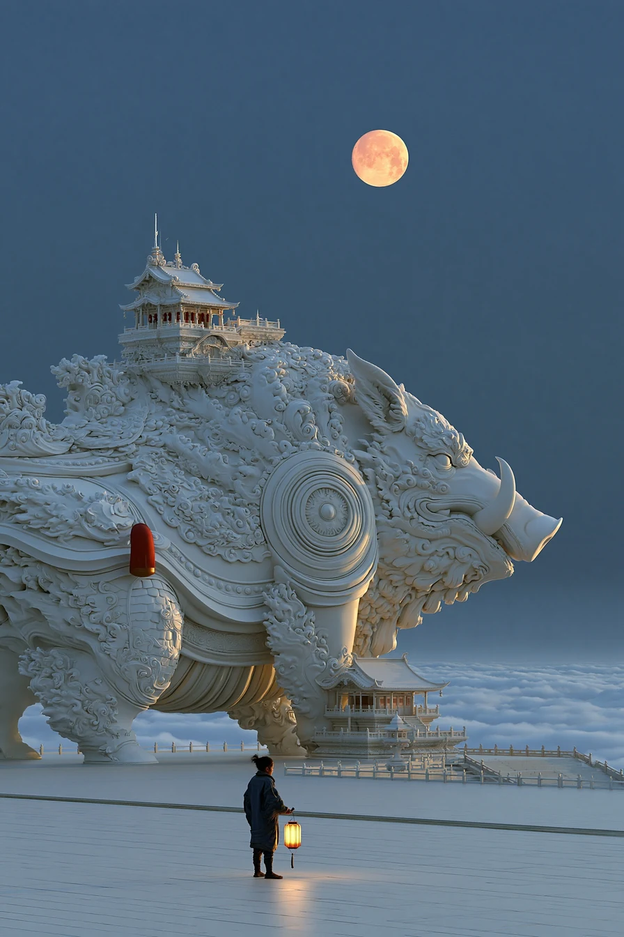 A small figure with a lantern at a boar shrine under the harvest moon